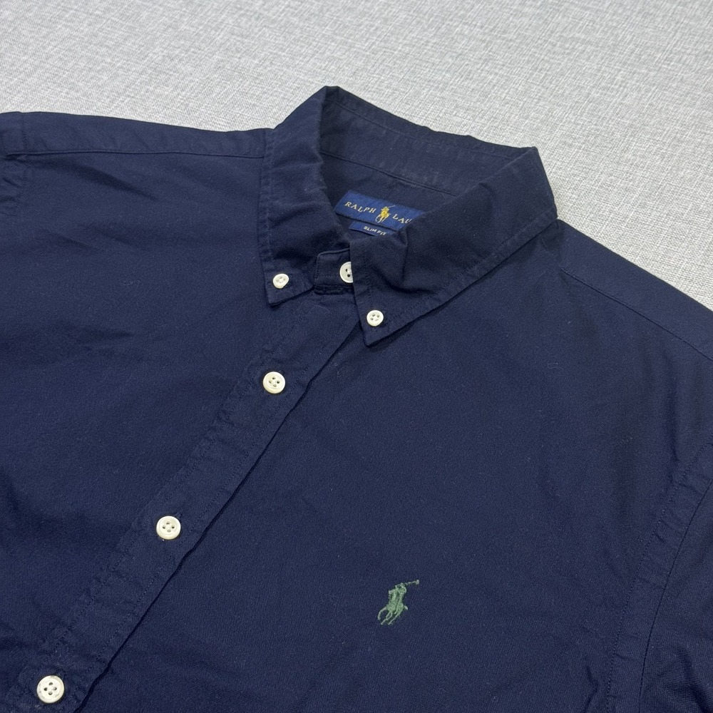 Ralph Lauren Button-Down Shirt Mens Large Blue Slim Fit Short Sleeve Pony